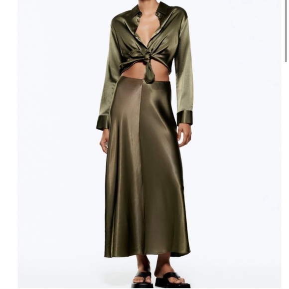 2/$30 Zara - Satin Effect A-Line Olive Green Long Sleeve Maxi Dress - Picture 1 of 13